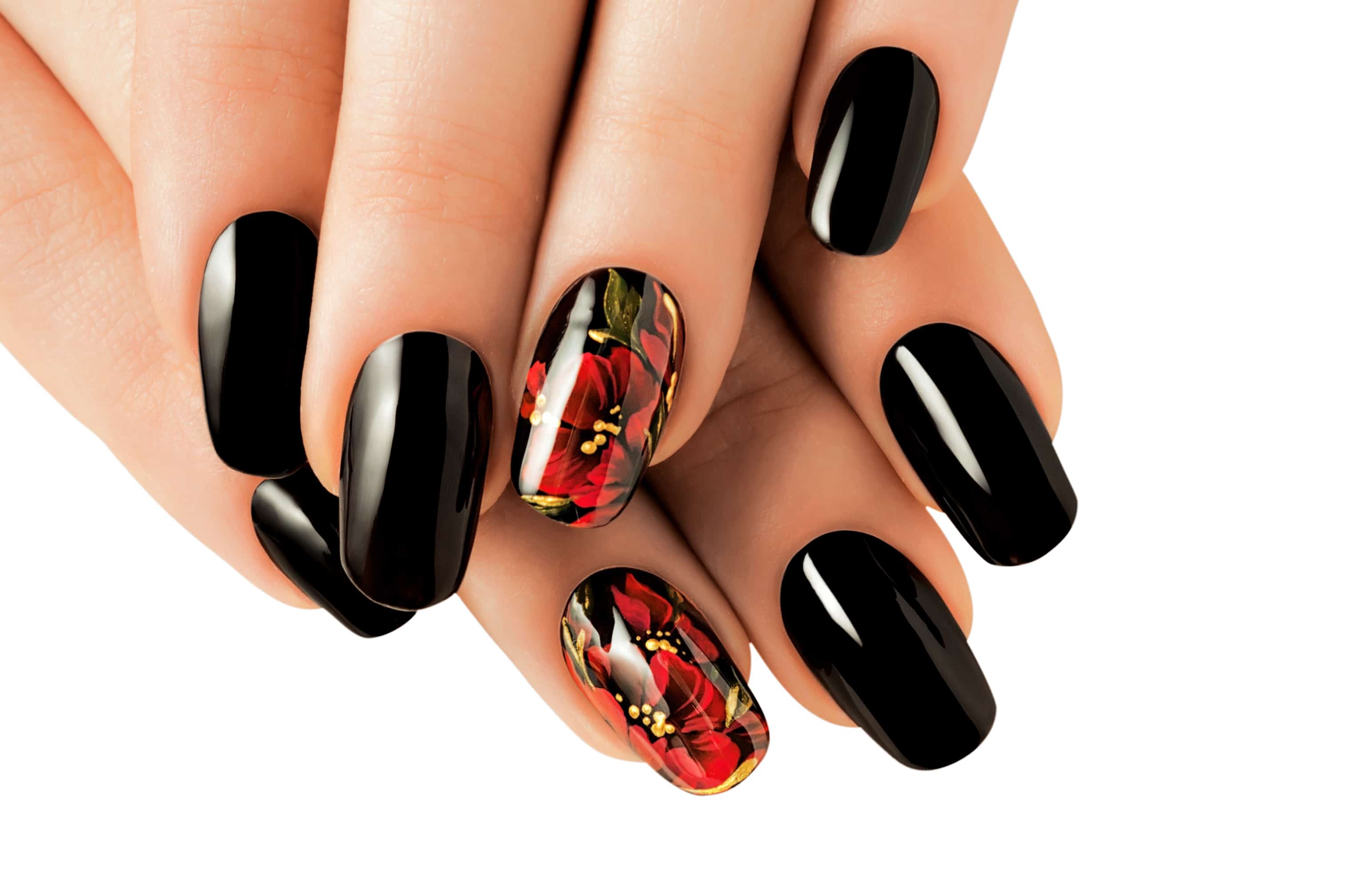 Short Black Oval Nails With Floral Prints