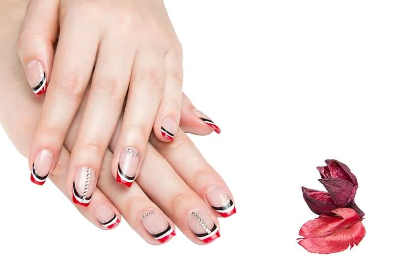 Short French Nails With Black Red White Lines