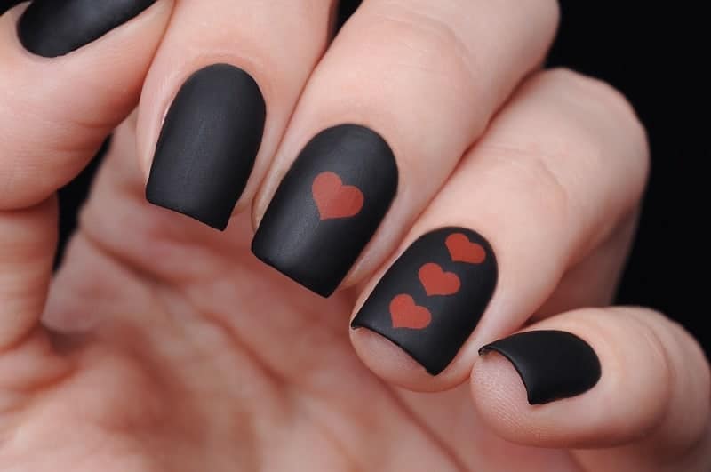 Short Matte Black Nails With Heart Symbol