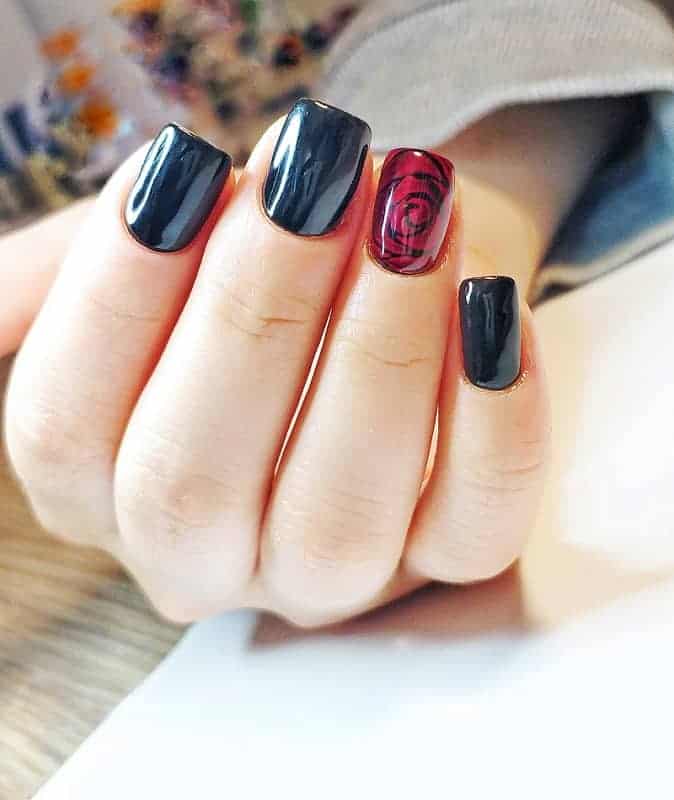 Short Square Nails With Red Rose Design