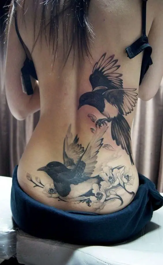 Black & Large Bird Inspired Back Tattoo