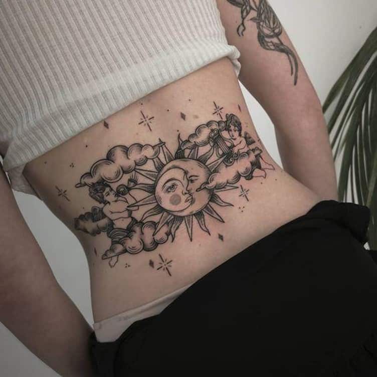 Top 30 Best Tattoo Ideas For Girls On Back In 2022 42 The Sun & The Moon Collapse Lower Back Tattoo