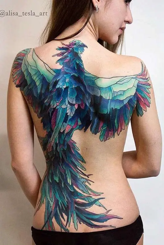 Top 30 Best Tattoo Ideas For Girls On Back In 2022 48 Bright Blue & Well Detailed Back Bird Tattoo
