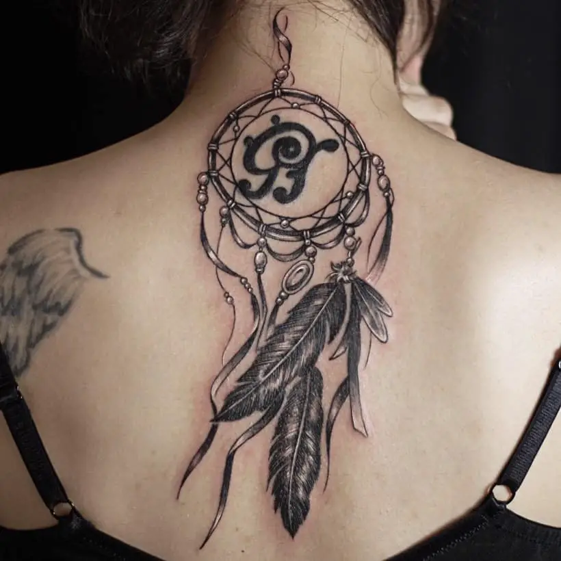 Black Ink Dream Catcher Neck & Back Tattoo