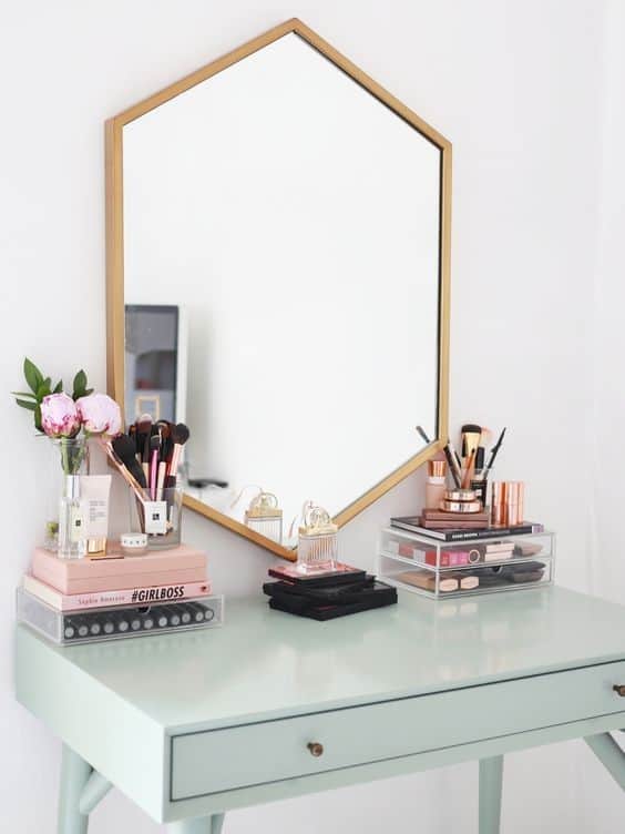 32 Best & Free DIY Makeup Vanity Table Ideas 13 12. Green Table With Golden Mirror Vanity