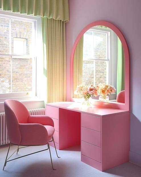 32 Best & Free DIY Makeup Vanity Table Ideas 14 13. Dramatic & Feminine Pink Vanity Table