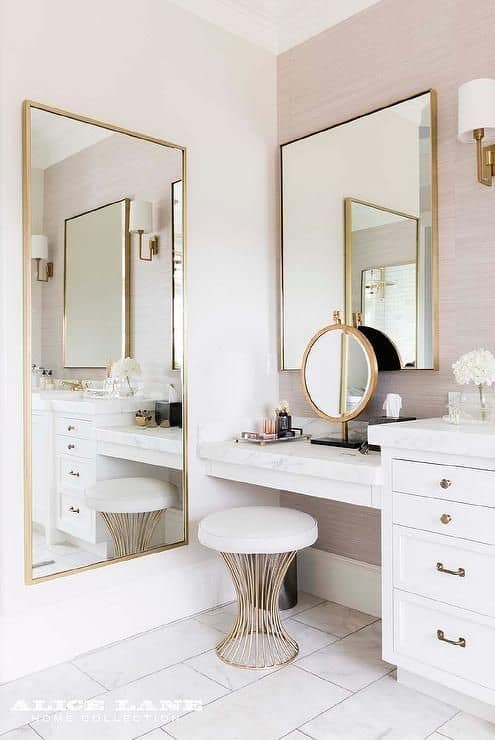 32 Best & Free DIY Makeup Vanity Table Ideas 20 19. Feminine Pink & White Vanity
