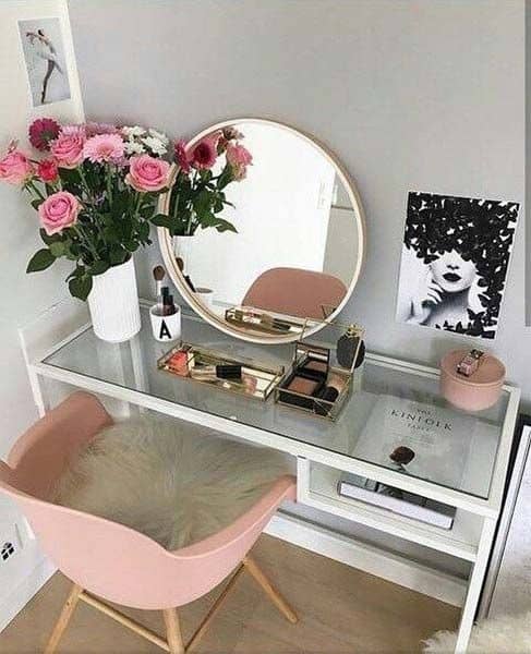 32 Best & Free DIY Makeup Vanity Table Ideas 24 23. Feminine, Flirty & Floral Pink Vanity Table