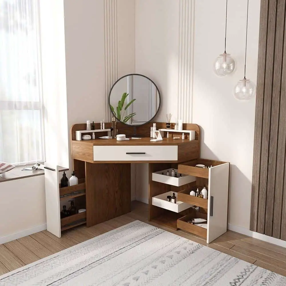 32 Best & Free DIY Makeup Vanity Table Ideas 31 30. Retro Wood Brown & White Vanity Table
