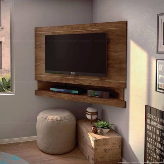 4. Dark Brown DIY TV Stand Mounted Into A Wall