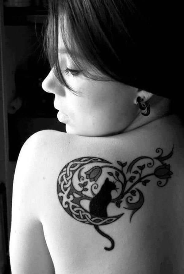 Gorgeous Back Piece With Cat And Celtic Inspired Moon Symbol