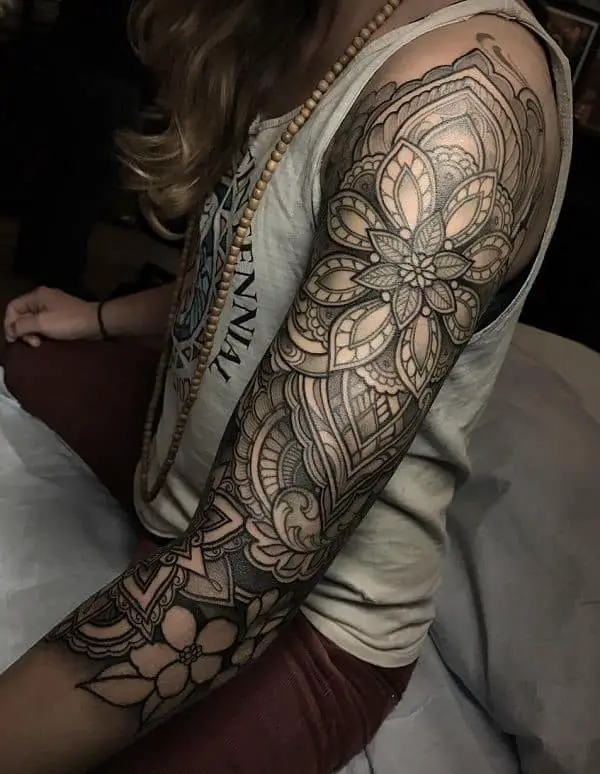 Detailed Sleeve Tattoo With Mandala Prints