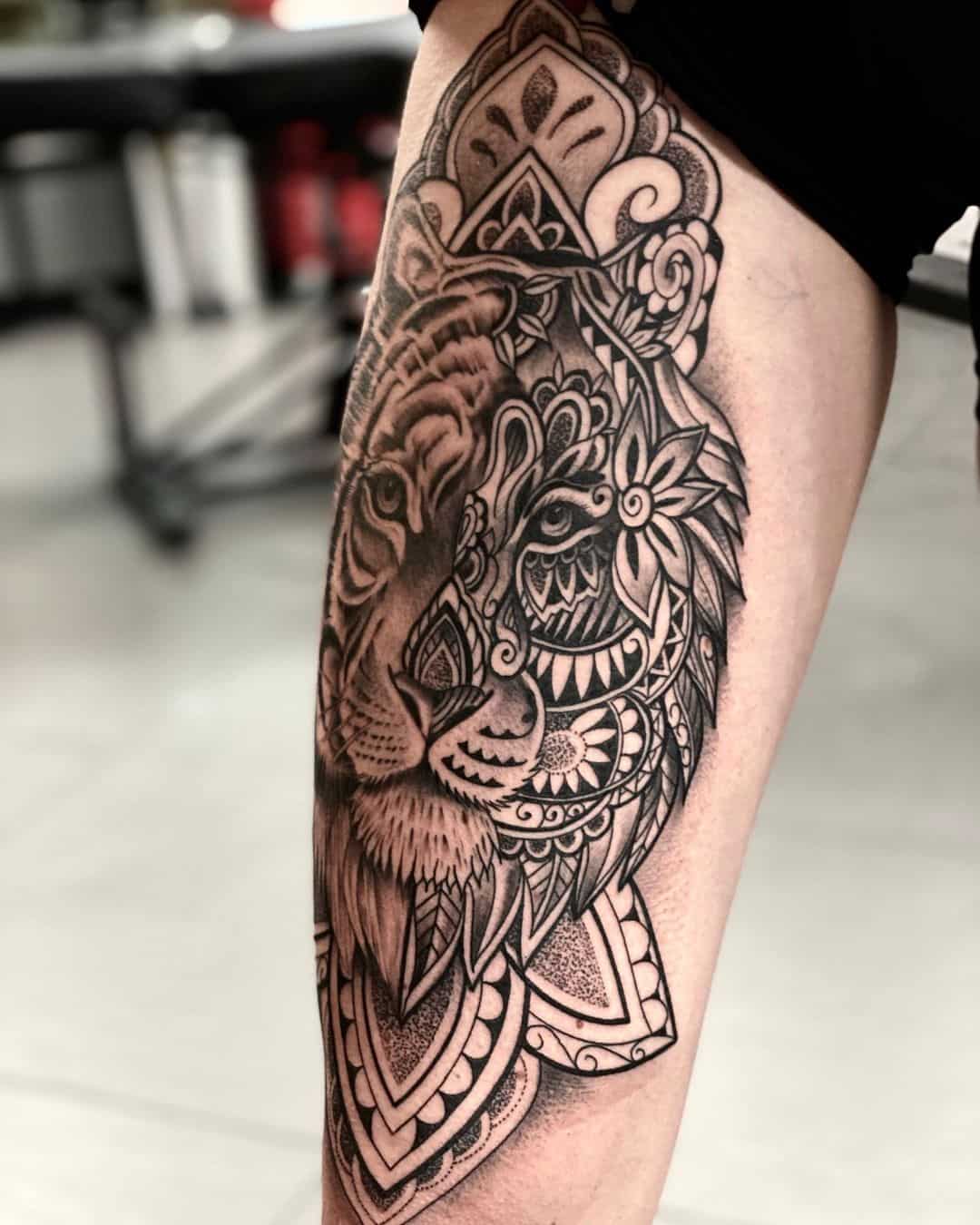 Half lion mandala face thigh piece. Done by myself @leigh_tattoos. Studio  @aurora_tattoo_studio lancaster uk www.instagram/leigh_tattoos :  r/Best_tattoos