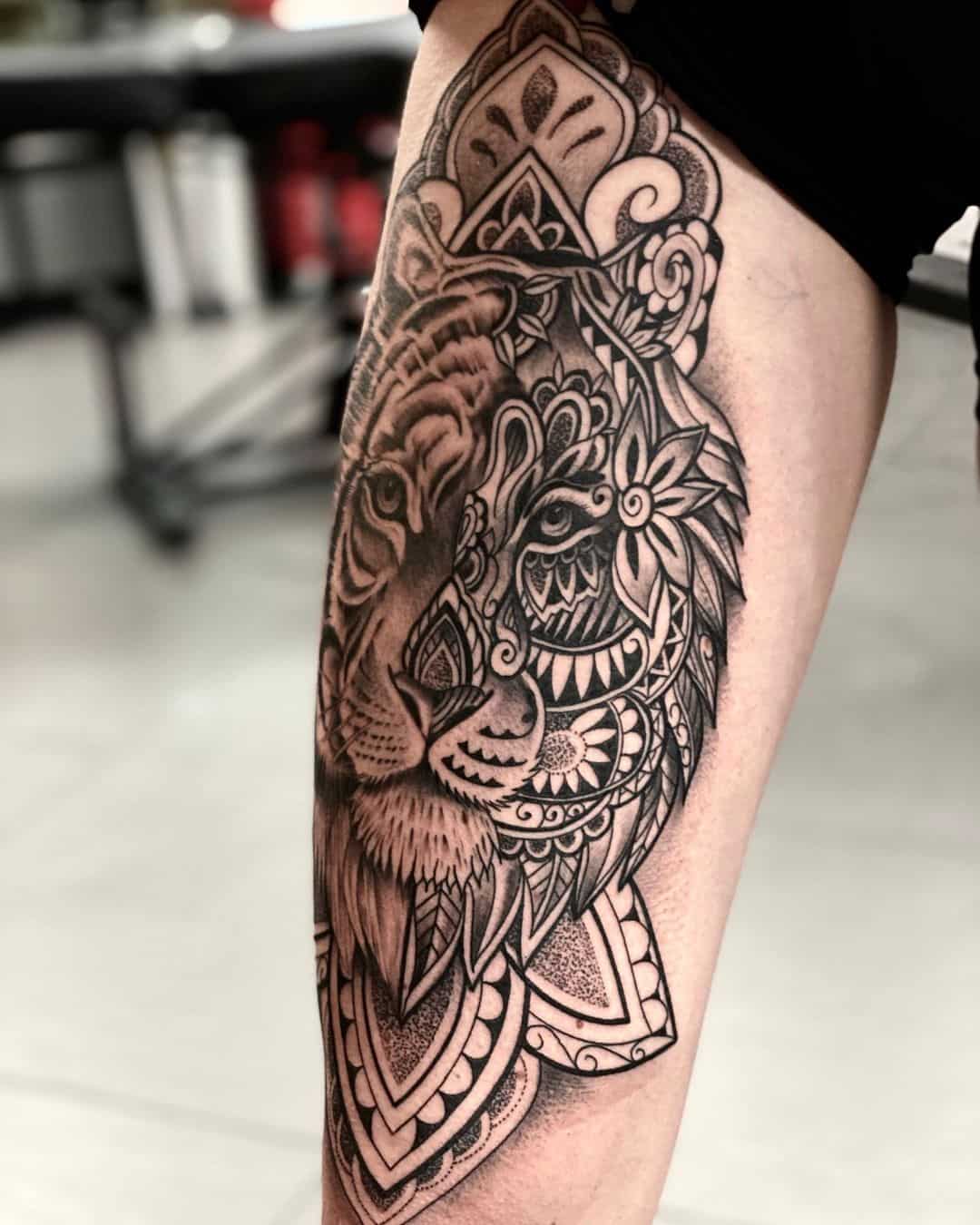 30+ Best Mandala Tattoos Ideas: For Both Men And Women 17 Mandala Tattoo Thigh Design Lion Print