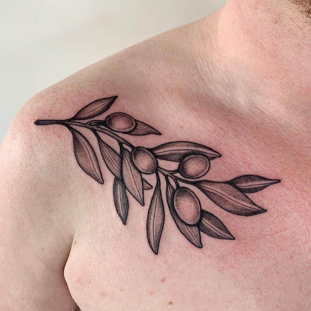 30+ Best Olive Branch Tattoo Design Ideas (2022 Updated!) 9 Chest Olive Branch Tattoo