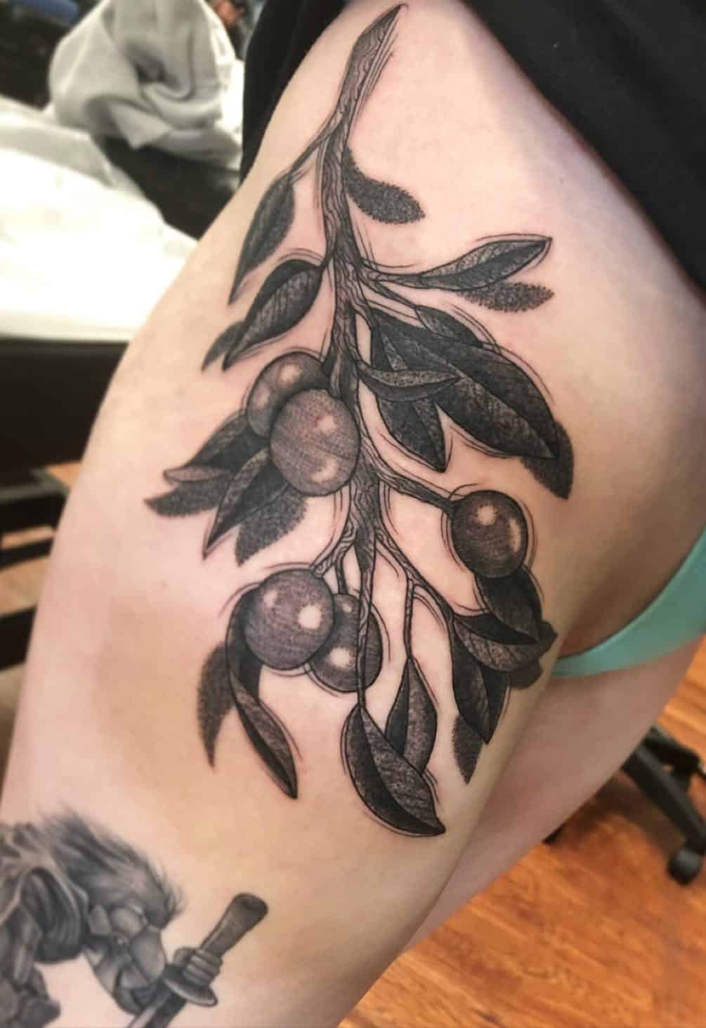 30+ Best Olive Branch Tattoo Design Ideas (2022 Updated!) 29 Giant Leg Olive Branch Tattoo Piece