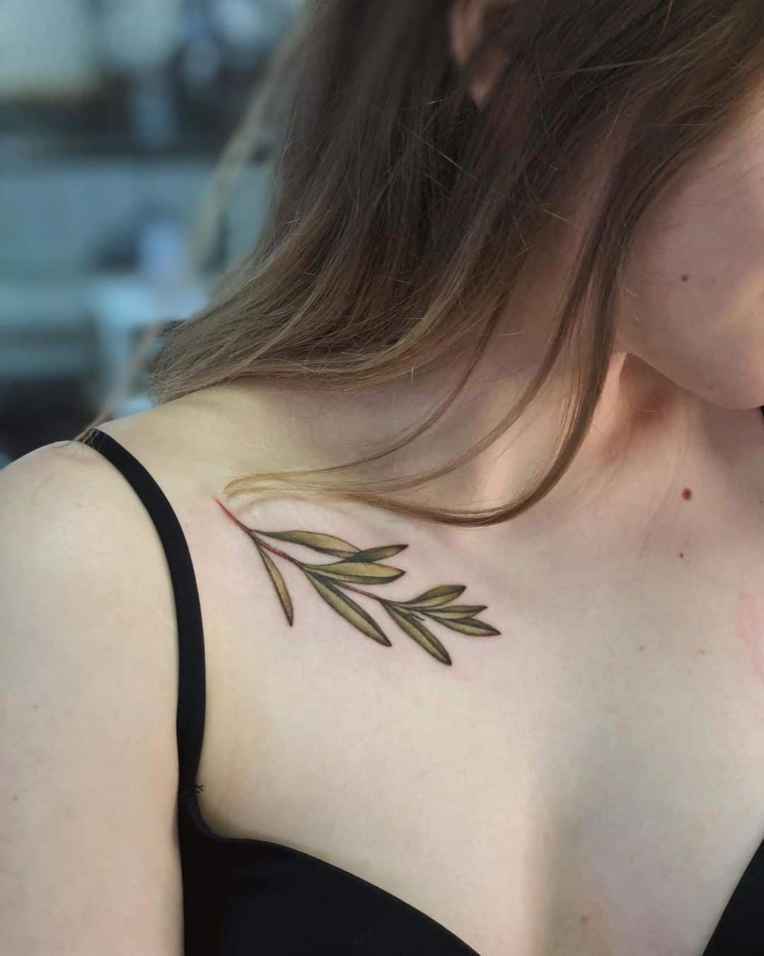 Green Collarbone Olive Branch Tattoo