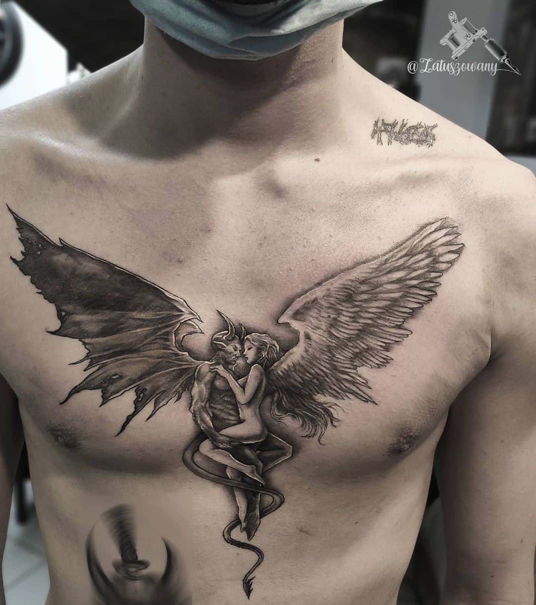 50+ Neck Tattoo Design Ideas for Men (2023 Update) 39 Devil and Angel Neck Tattoo 2