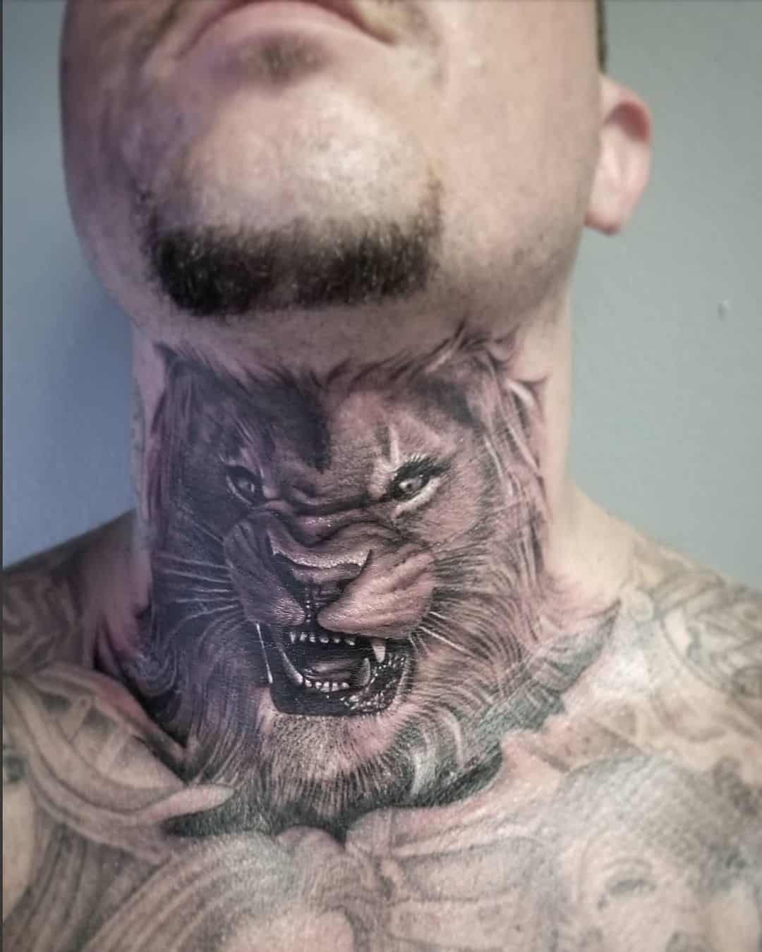50+ Neck Tattoo Design Ideas for Men (2023 Update) 48 Lion Neck Tattoo 1