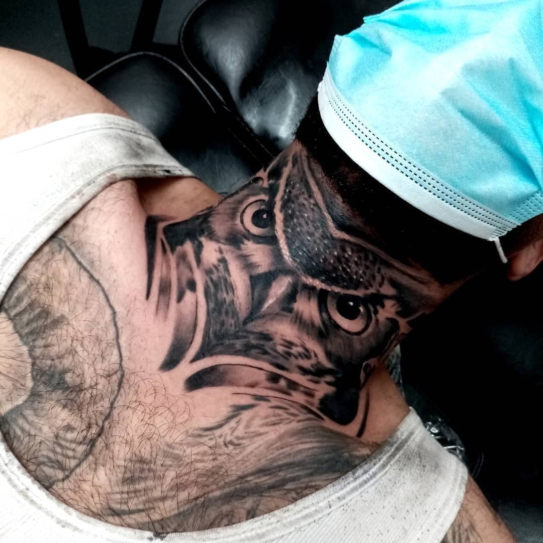 50+ Neck Tattoo Design Ideas for Men (2023 Update) 22 Owl throat tattoo 1