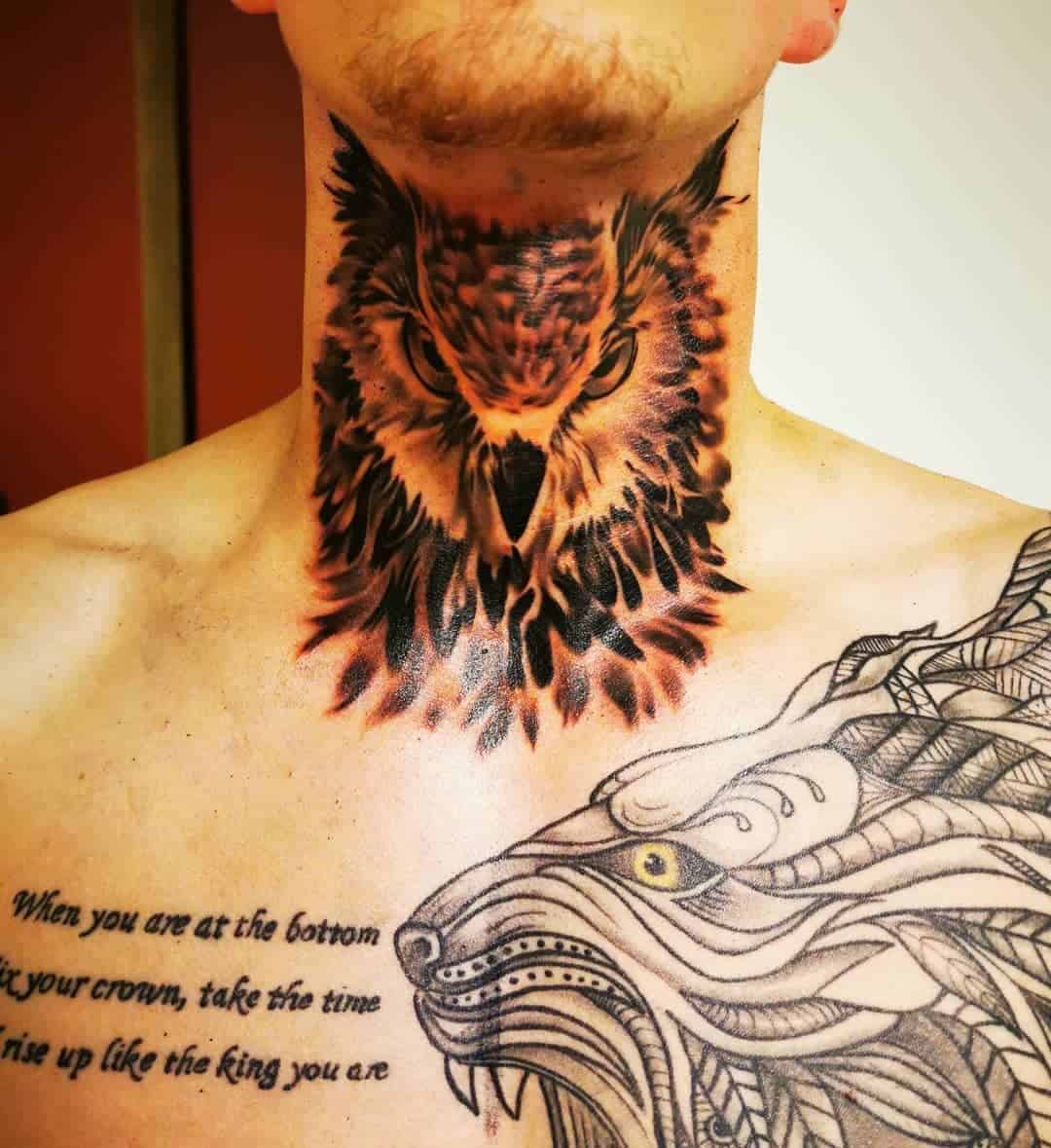 Owl throat tattoo 2