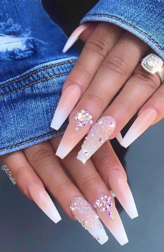 Beautiful & Long Acrylic Nails With Gemstone Details