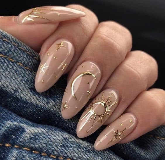 Beige Base Acrylic Nails With A Pop Of Gold