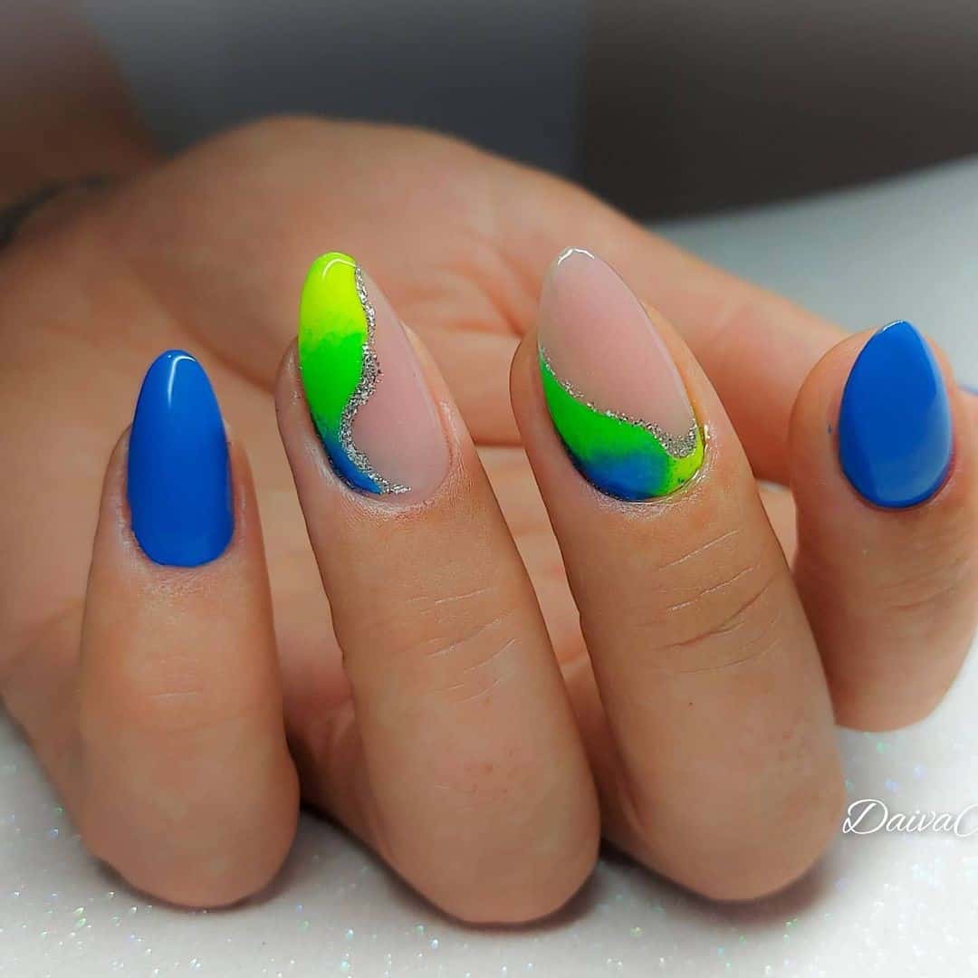Blue & Green Almond Nails Short Design 