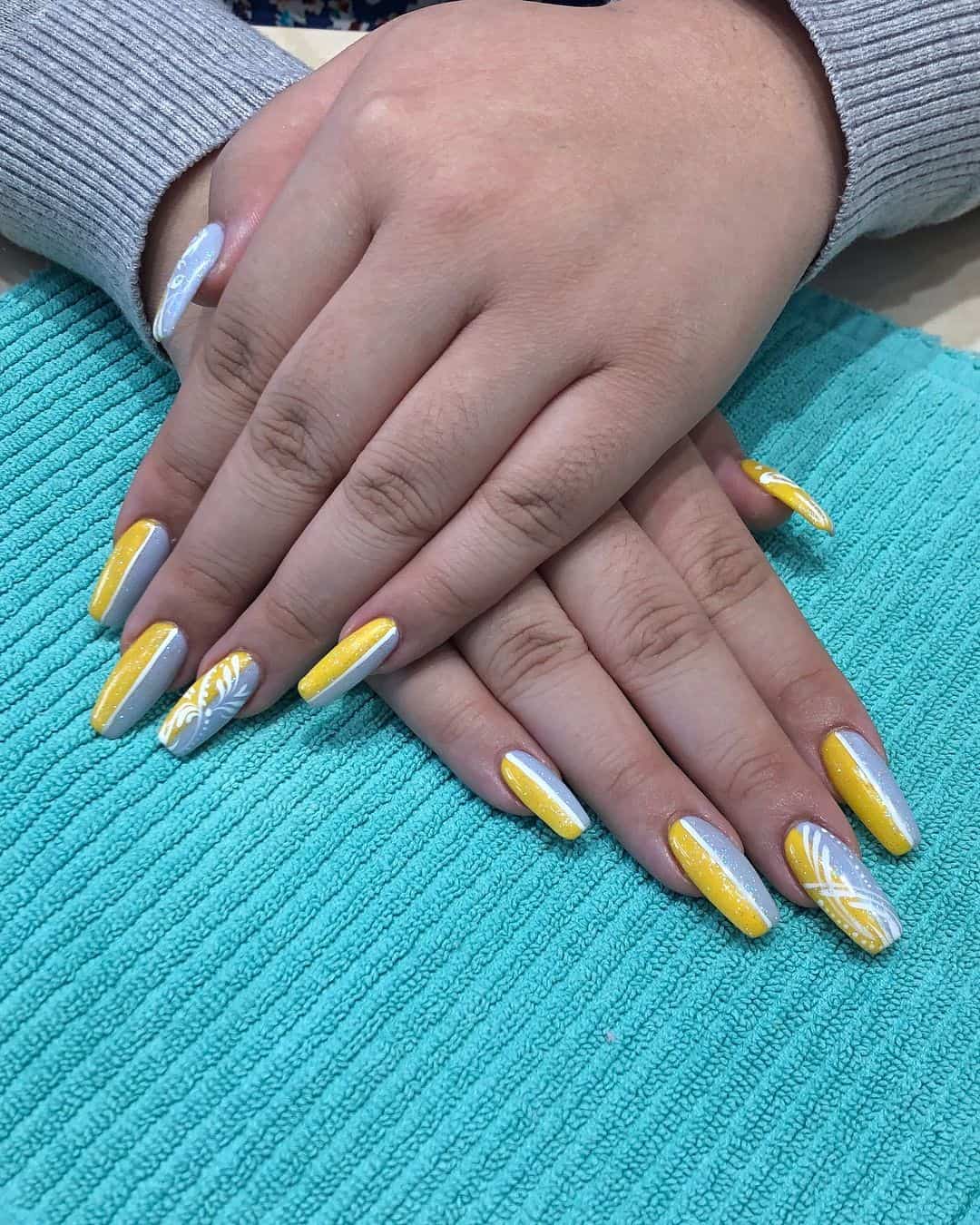 Blue & Yellow Long Two Colored Nails 