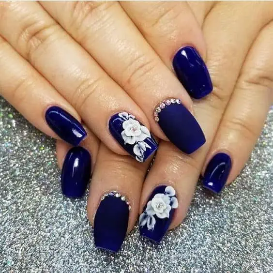 Floral Inspired Navy Blue Manicure