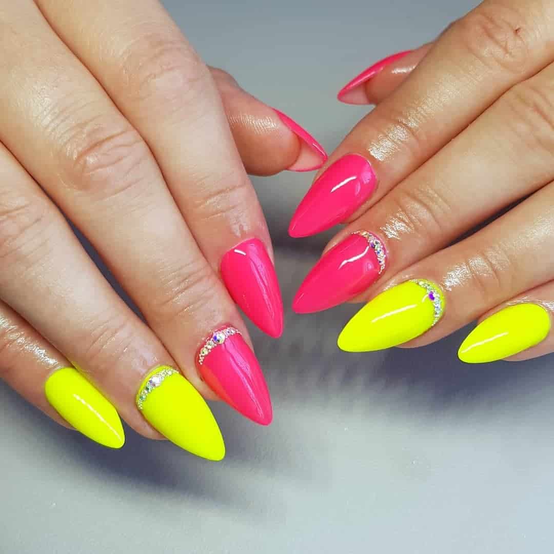 Hot Pink & Yellow Two Colored Nail Designs 