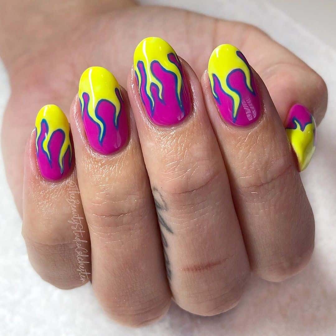Hot Purple & Yellow Oval Nail Designs 