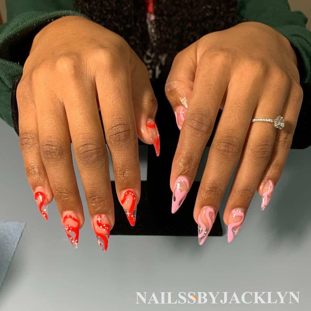 Hot Red & Pink Two Colored Nails 