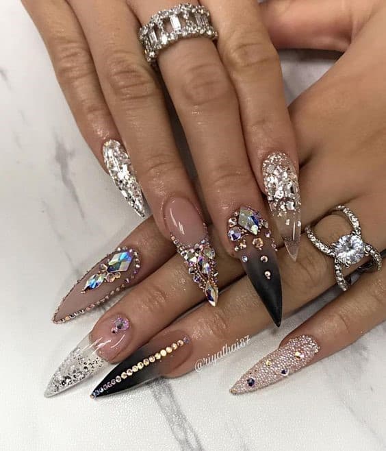 Jewel Acrylic Nails With A Pointy Tip