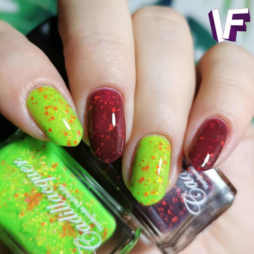 Lime Green & Red Oval Two Colored Nails 