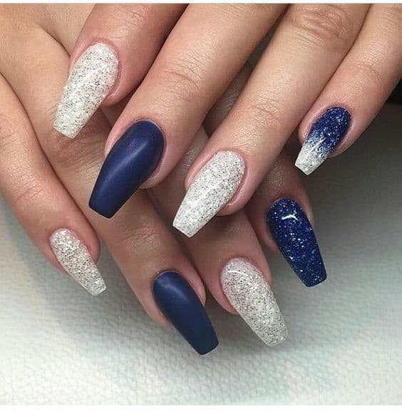 Long Square Shaped Acrylic Navy Blue Nails With White