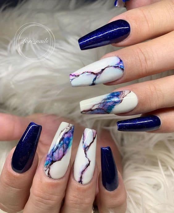 Marble Inspired Navy Blue Long Manicure