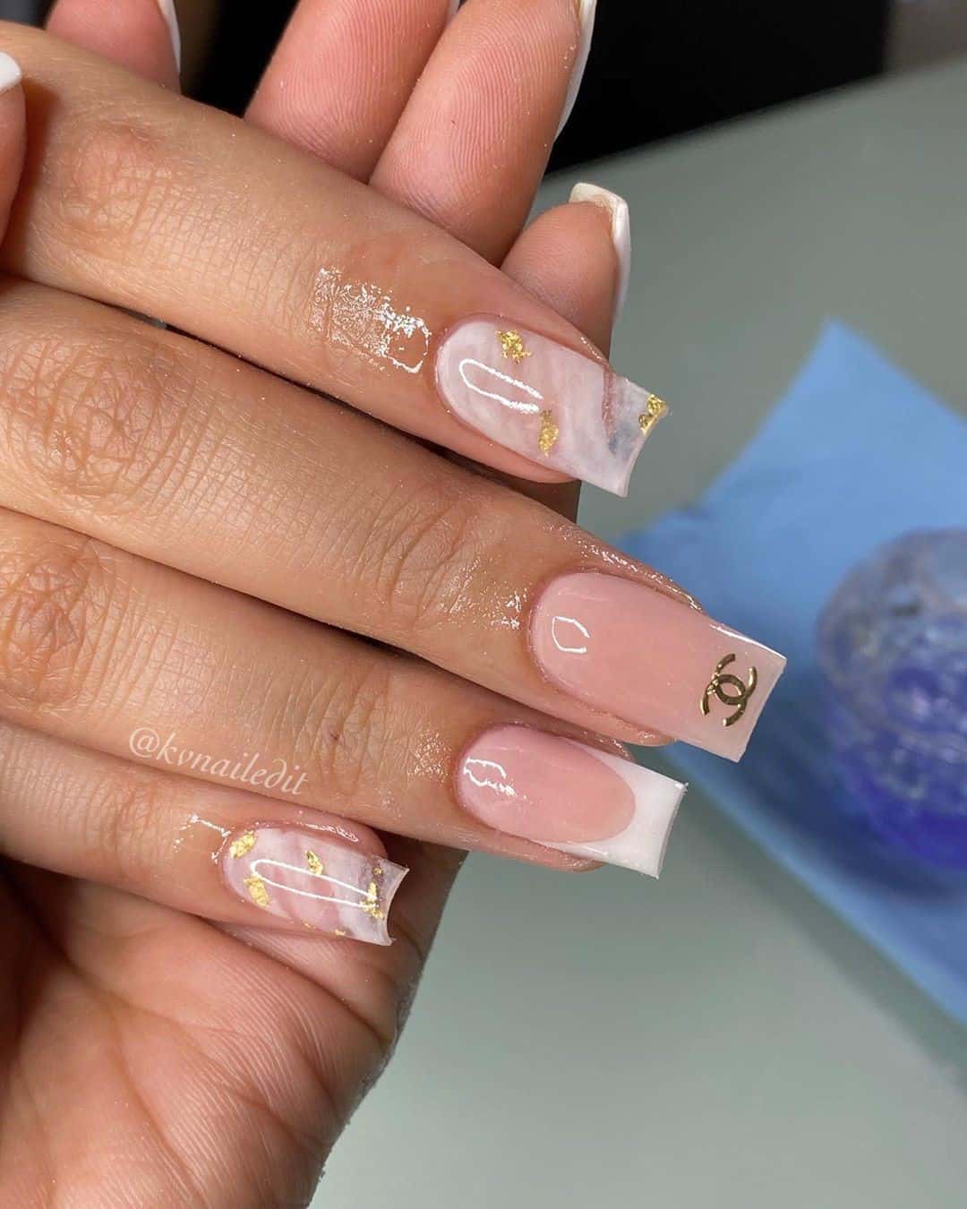 Medium Long Square Shaped Nude Nails With Chanel Details