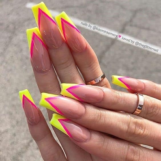 Neon Acrylic Nails With Pink & Yellow Details
