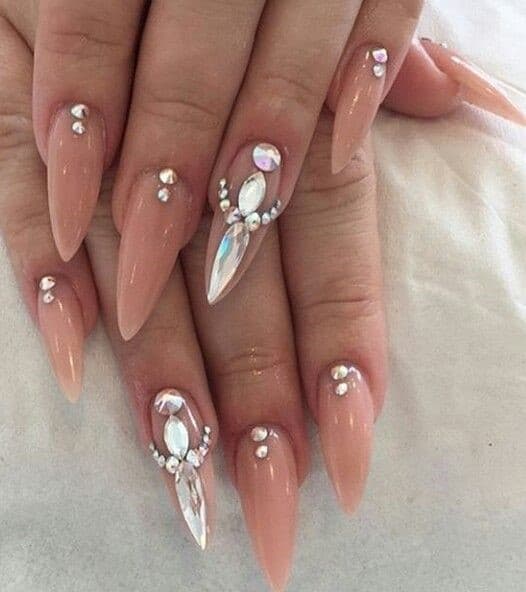 Nude Gemstone Acrylic Nails With White Details