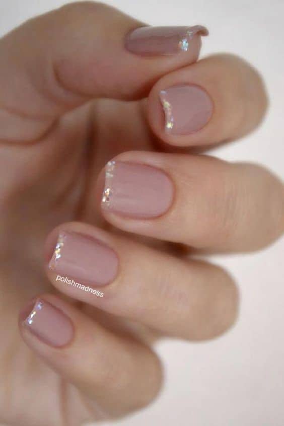 Nude Short Square Nails With Glitter Detail