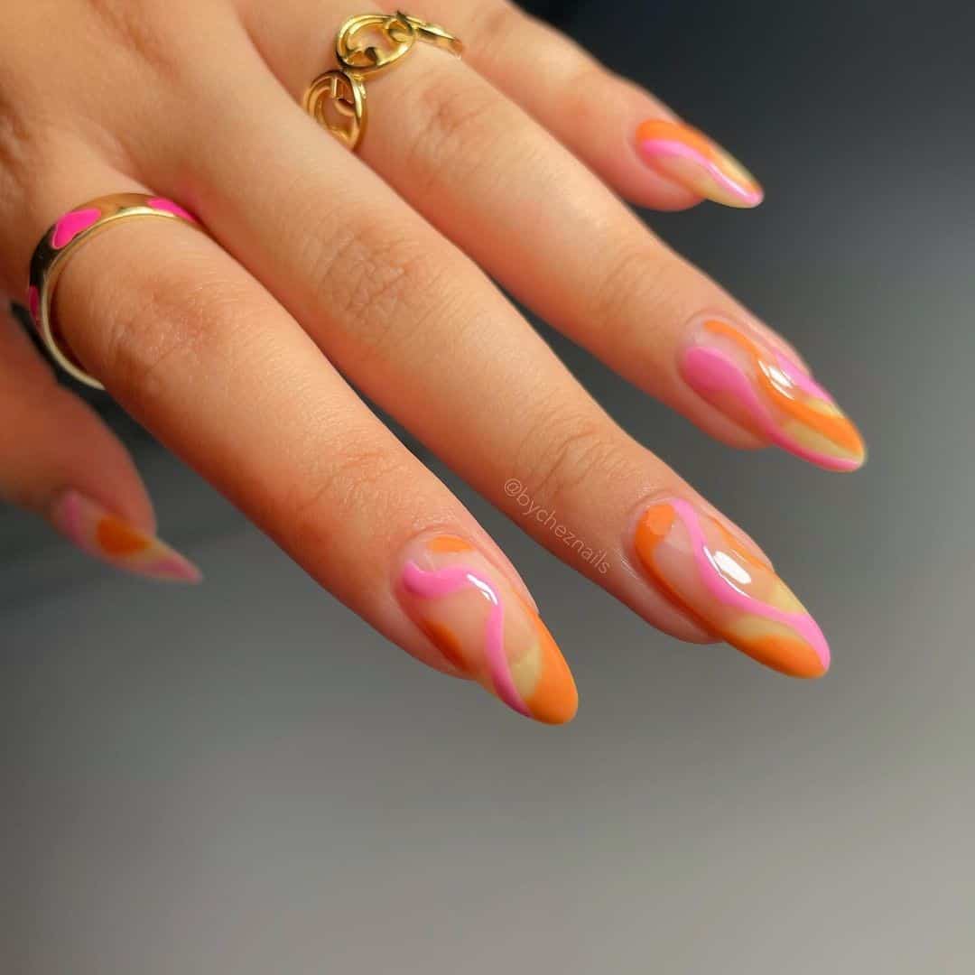 Orange & Pink Almond Nails