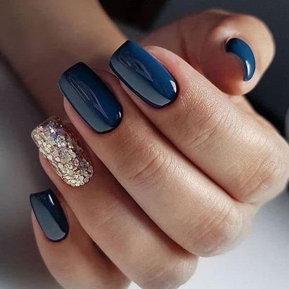 Short Navy Blue Square Nails With Gold Glitter