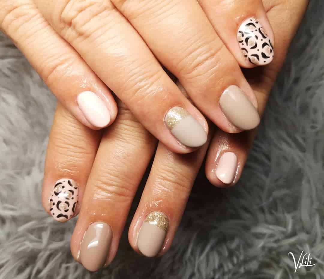 Short Nude Nails With A Tiger Print