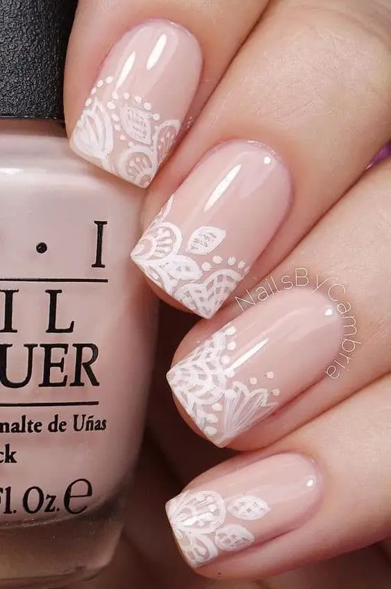 Short Nude Nails With White Print Detail