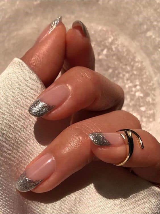 Silver Shimmery Oval Shaped French Nails