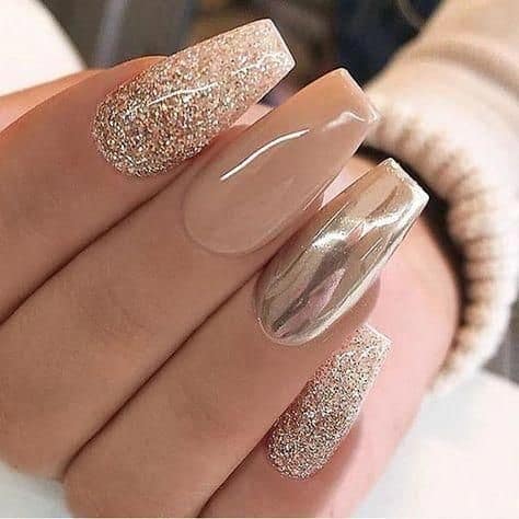 Square Nude Nails With Metallic & Shimmer Details