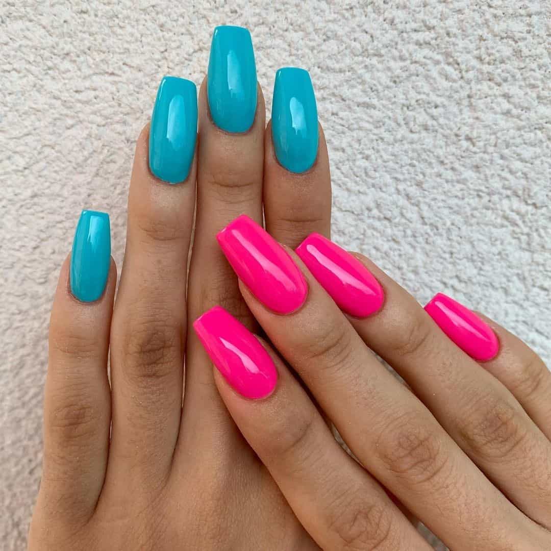 Square Shaped Blue & Pink Two Colored Nail Designs 