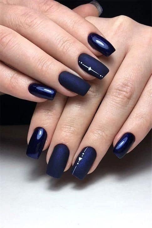 Square Shaped Navy Blue Manicure With Metallic & Shine