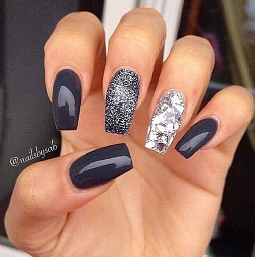 Square Shaped Navy Blue Nails With A Pop Of Glitter